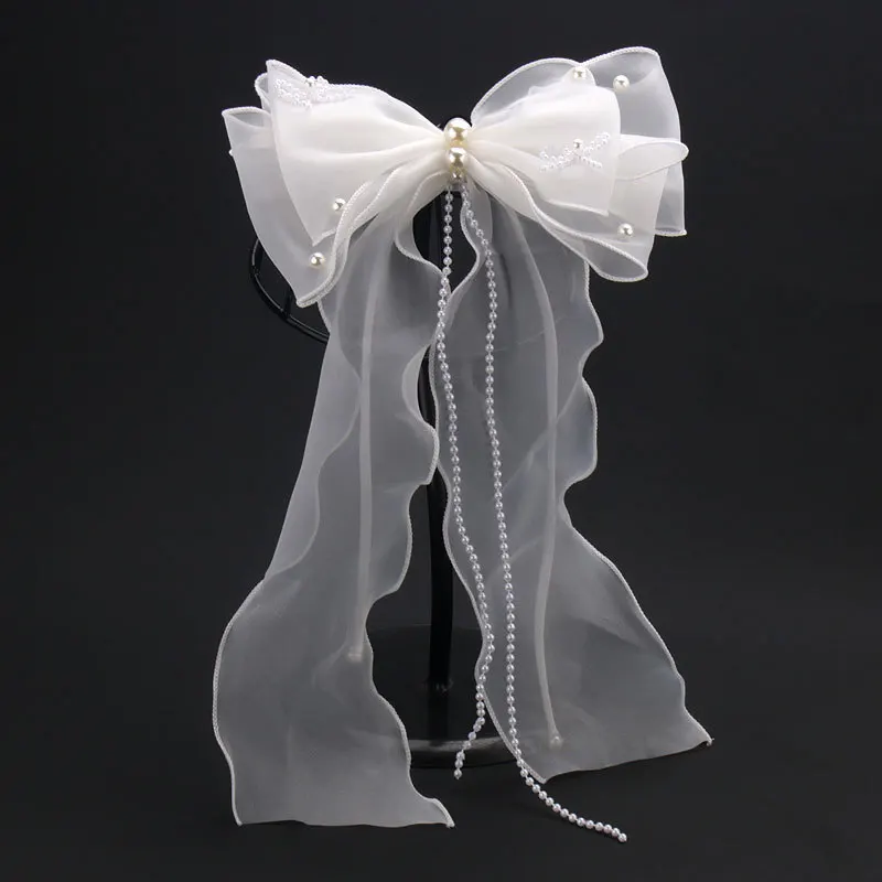 

Pearl Tassel Bow Hairpin Bride Seaside Wedding Headdress Silk Yarn Handmade Veil Beautiful Side Clip White Mesh Veil Hairclip