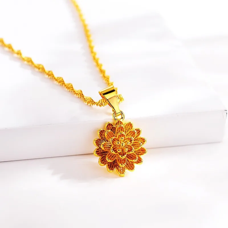 Boutique 9999 new women's gold necklace 24K real golden lotus pendant fashionable women's collarbone chain jewelry