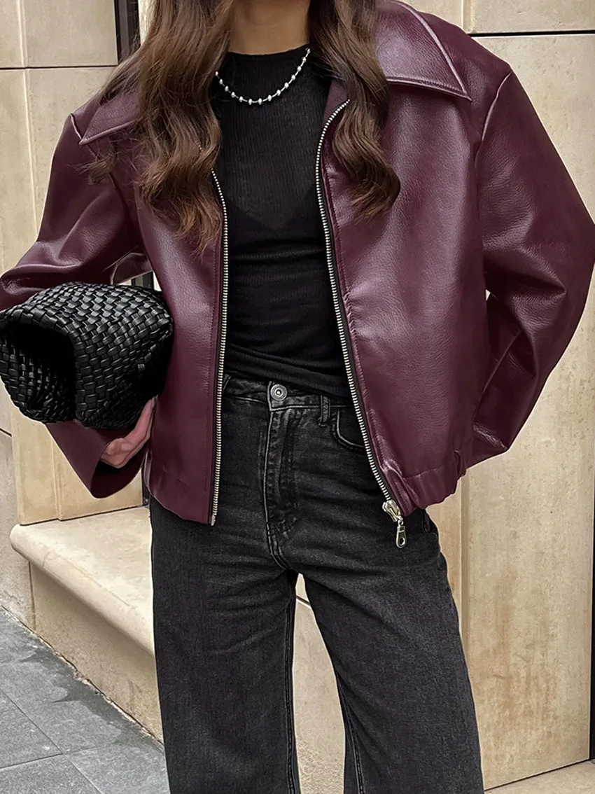Angola Red Jacket Leather Motorcycle Street Fashion 2024 Autumn and Winter New Top Women's Elegant Coat