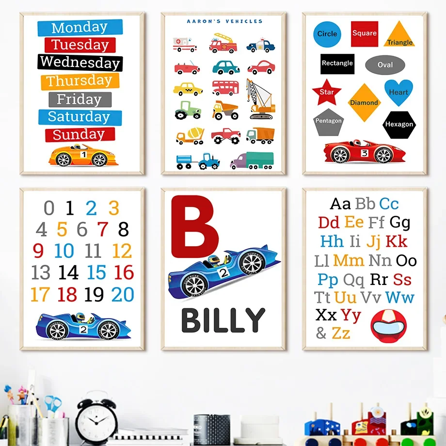 

Racing Transporter Shape Week Alphabet Numbers Wall Art Canvas Painting Nordic Posters And Prints Wall Pictures Kids Room Decor