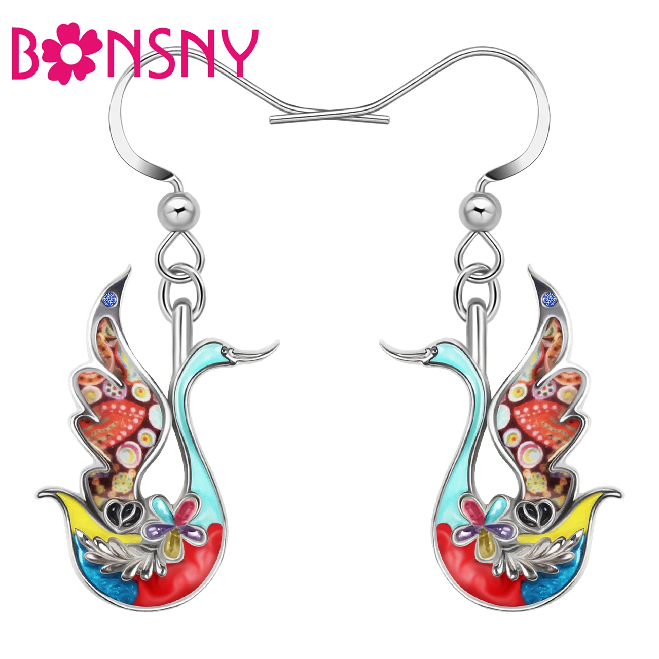 BONSNY-Boucles d'oreilles en alliage de métal émaillé pour femmes et filles, boucles d'oreilles en forme d'oie mignonnes, breloques pendantes, bijoux de luxe, cadeaux à la mode, floral, adolescents