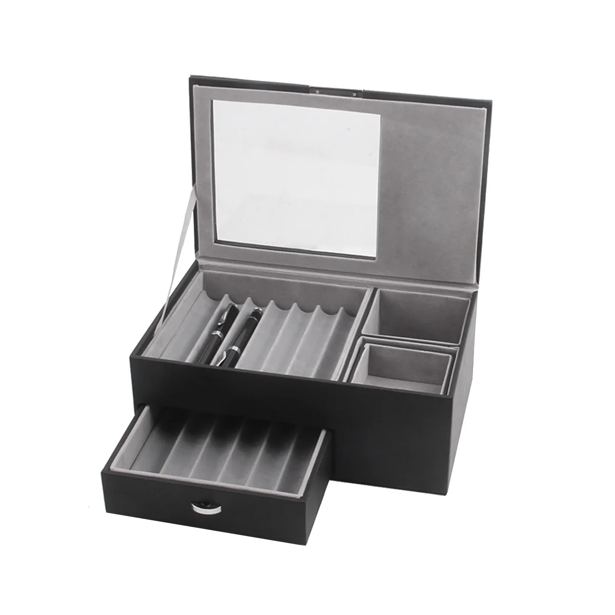 

14 Grid Wooden Pen Display Storage Box Luxury 2 Layer PU Pen Case Transparent Window Stationery Case Pen- B