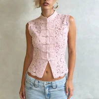 Chemisier élégant sans manches en dentelle florale transparente pour femme Combhasaki avec col mandarin et fermeture traditionnelle chinoise à boutons 1