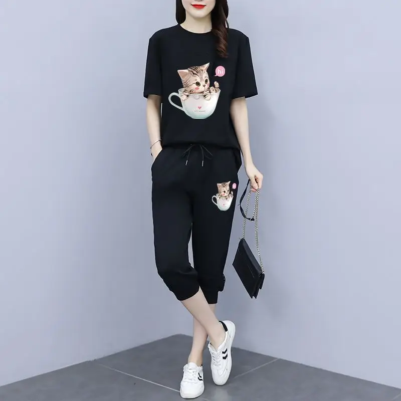 Single piece/set slim summer Korean casual sports women's 2024 loose cropped pants+short sleeved two-piece set