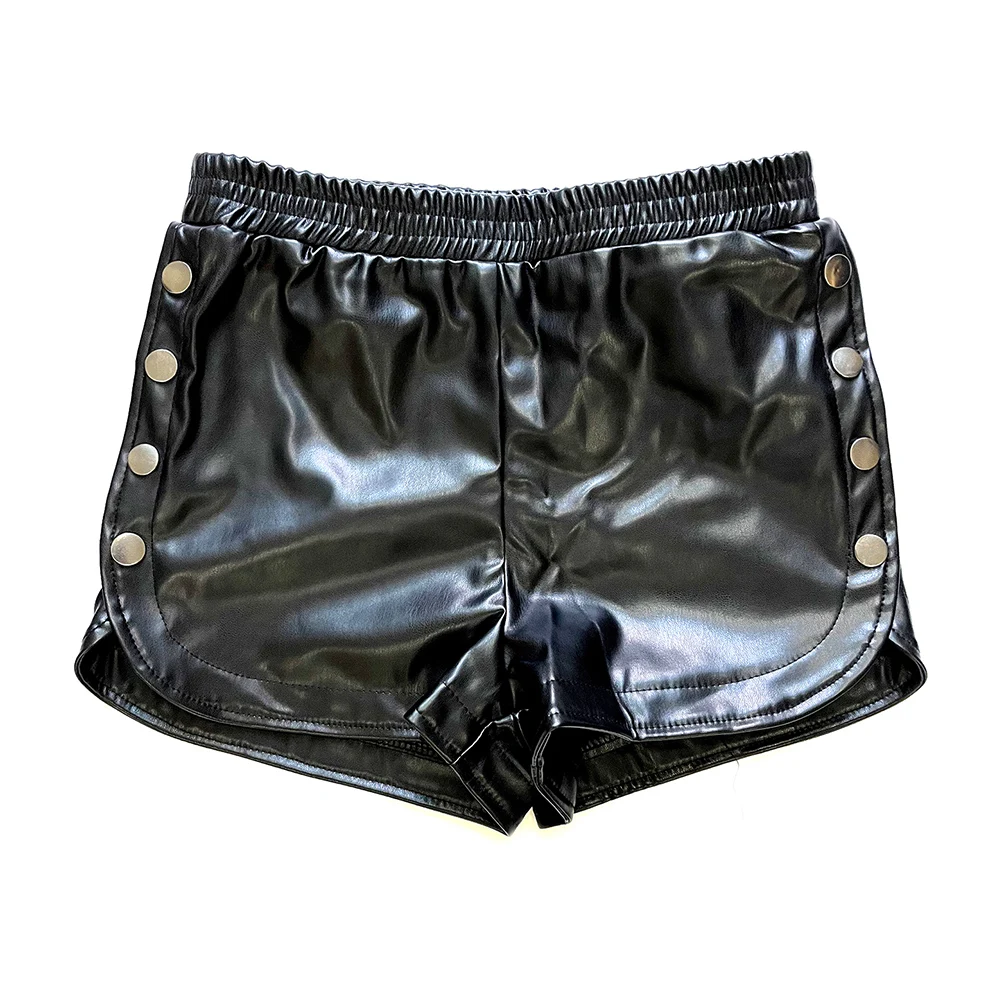 Fashion Side Button Open Leather Shorts Women Summer High Waist Bodycon Faux Leather PU Biker Shorts Ladies Hot Pants Streetwear