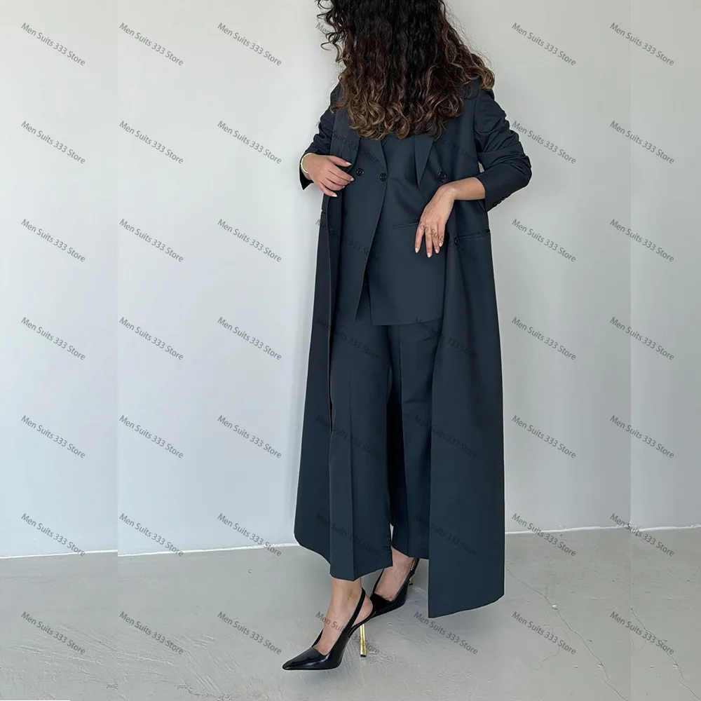 Women Elegant Navy Blue Luxury Suits Double Breasted Notch Lapel Long Blazer Formal Business Office 3 Pcs Jacket Pants Vest
