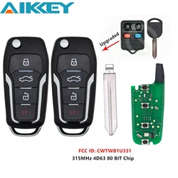 2pcs Silver for Ford 315MHZ 4 Buttons Car Remote Key Fob Modified Key with Chip ASK CWTWB1U331 4D63/80bit Car Control Key