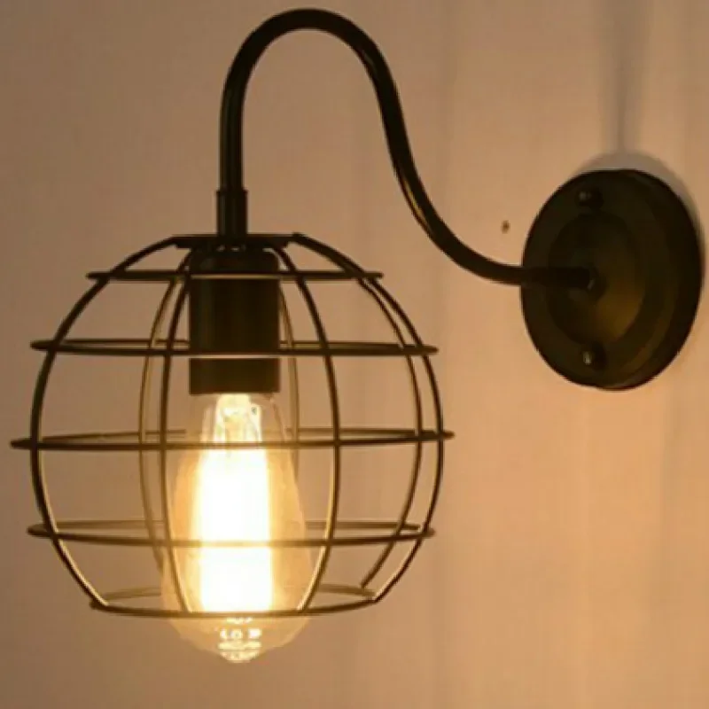 Vintage Wall Light Industrial Decor Indoor Lighting Black Retro Wrought Iron Caged Sconce Lamp For Bedside Aisle Bar Room Decor