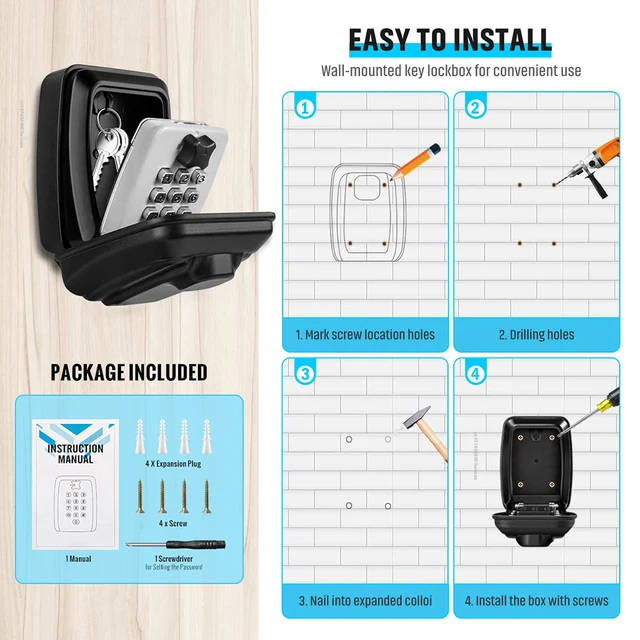 Wall Mounted Key Storage Box Safe Waterproof Anti-theft Key Box With Combination Lock 12-Digital Password Office Home Outdoor 5