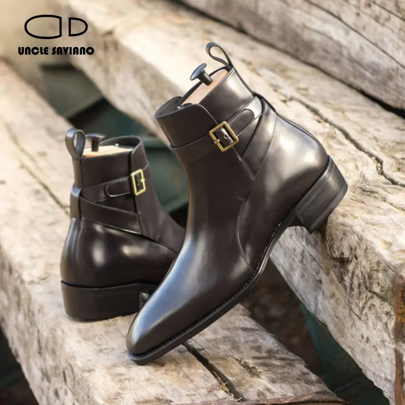 Uncle Saviano Solid Chelsea Winter Black Mens Boots Shoes Work Boots Add Velvet Fashion Designer Shoes Men Genuine Leather