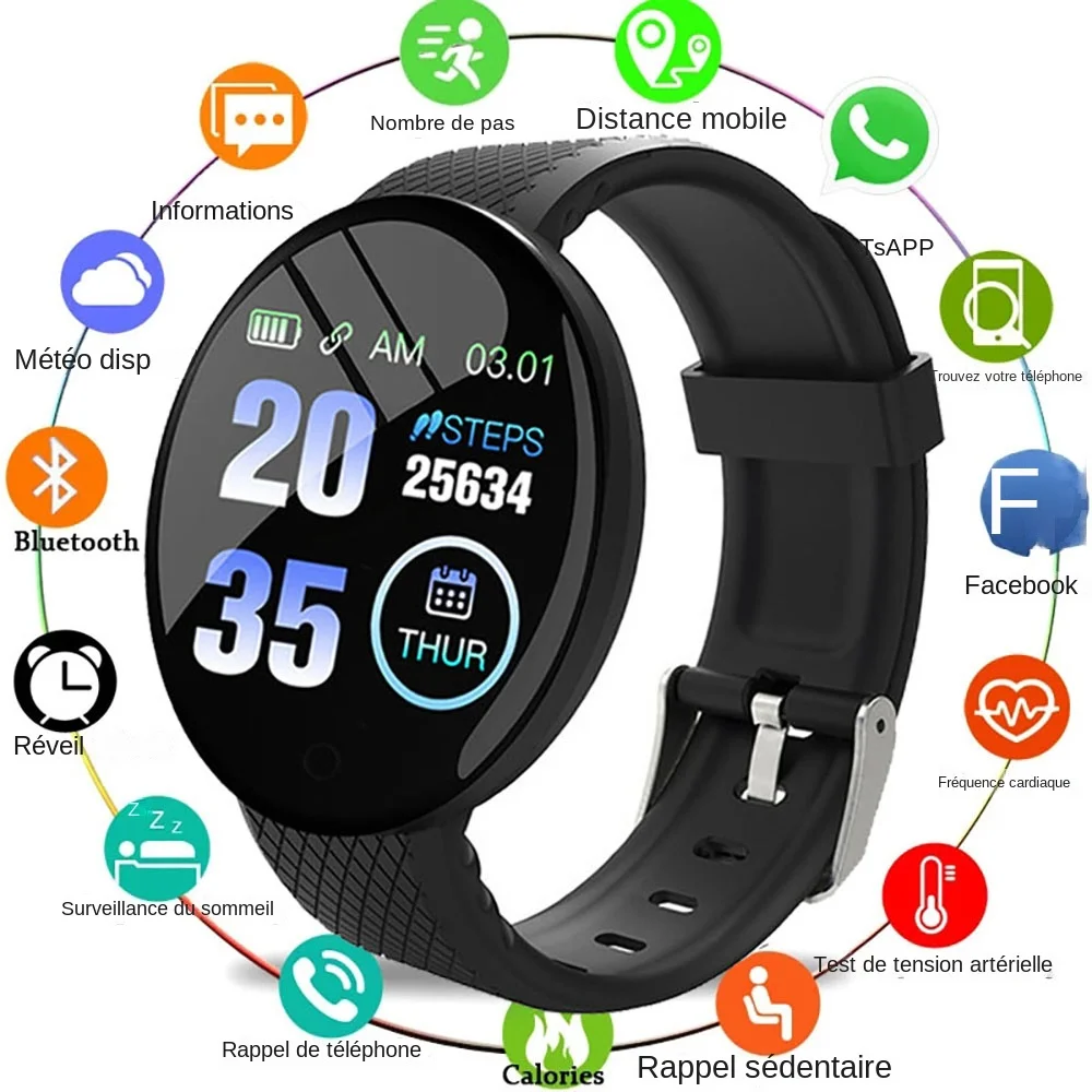 Montre connectée D18 pour IOS et Android, bracelet de sport, moniteur d