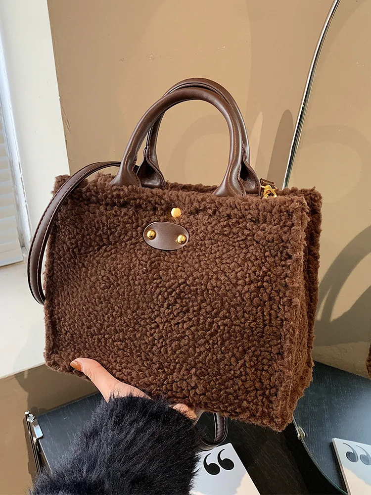 

Retro Lamb Wool PU Spliced Large Capacity Tote Bag Elegant Women's Daily Commuting Class Classical Crossbody Shoulder Bags