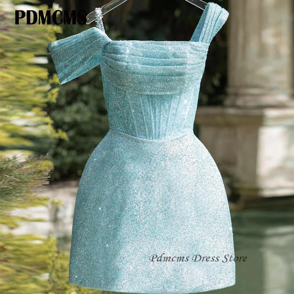 Sky Blue Glitter Square Collar Paillettes Abiti Da Festa Corti Sparkly Spaghetti Straps Paillettes Homecoming Women Dress Photography