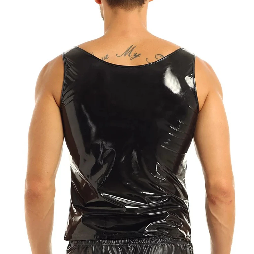 PVC Patent Leather Undershirt Tank Tops for Men, Wet Look Sleeveless T Shirt, Slim Fit Vest Black, M 3XL Sizes Available