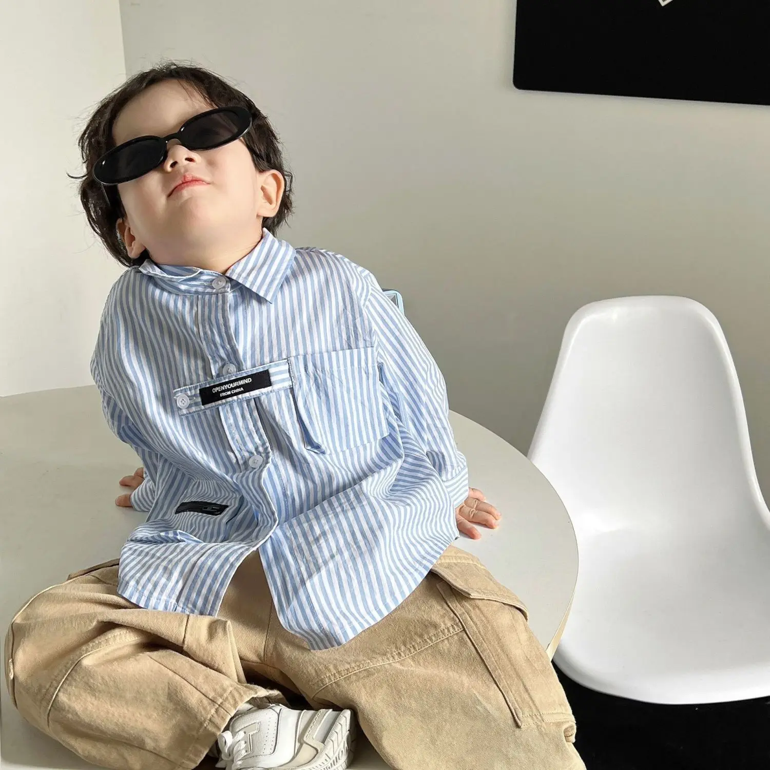 

Boy Shirts 2023 Spring and Autumn Baby Boys Tops Wear Blue and White Vertical Striped Shirt Handsome Shirt Top Boys Clothes