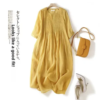 Yellow Skirt Versatile Heavyweight Cotton Linen Loose Mid-Length A-Line Dress Summer New Style Artistic Retro Commute Dress 1