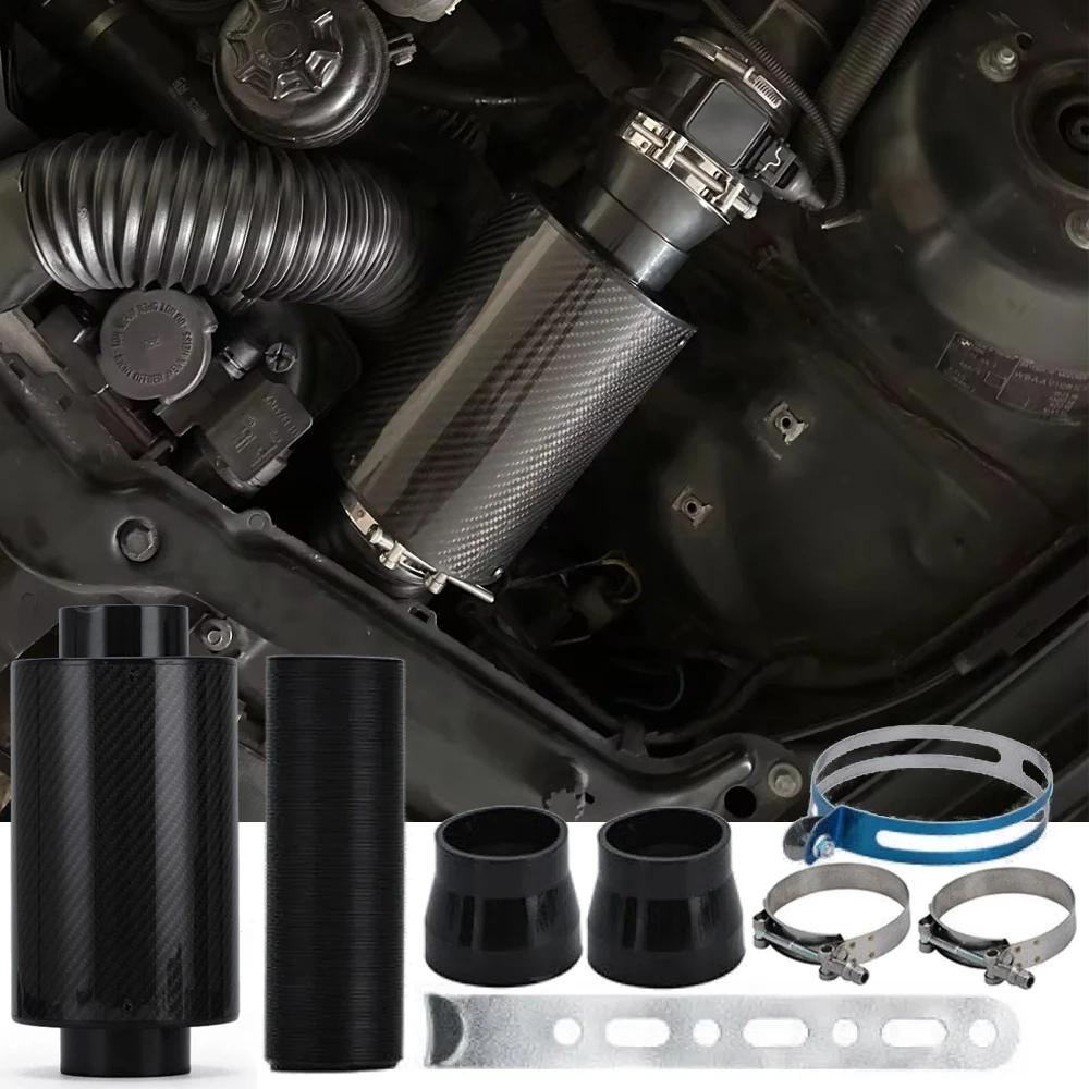 Universal Car 76mm 3 inch Carbon Fibre Cold Air Filter Feed Enclosed Hight Flow Cold Air Intake Induction Pipe Hose Kit 1 Set air filters
