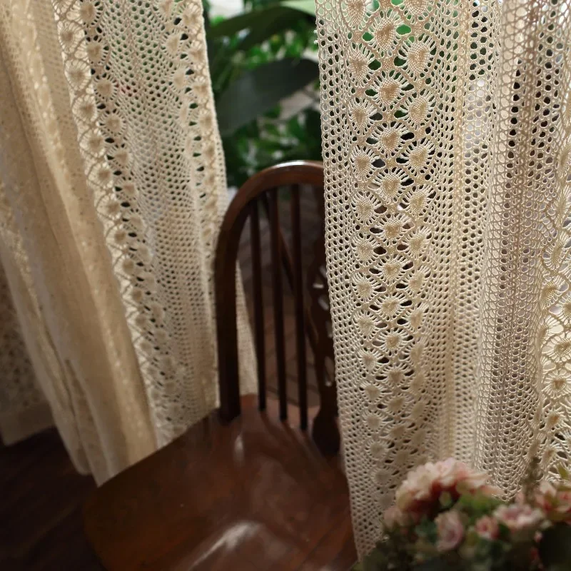 Boho Chic Beige Crochet Knitting Curtains for Bedroom Cotton Linen Hollowed Retro Farmhouse Patio Window Drapes