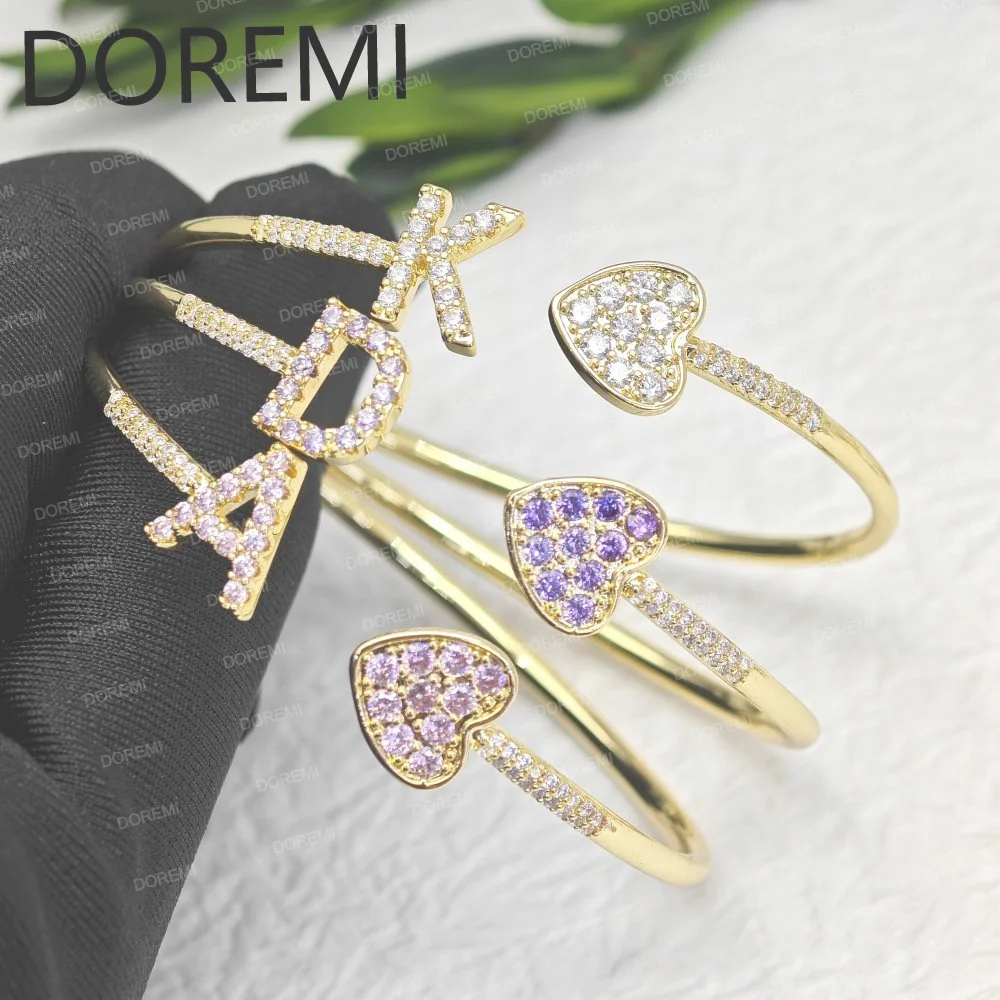 DOREMI Initial Letter Bangle Bracelet Rail BirthStone Letter Gift Jewelry Mother's Day Jewelry Full Zircon Heart Cz Bangle