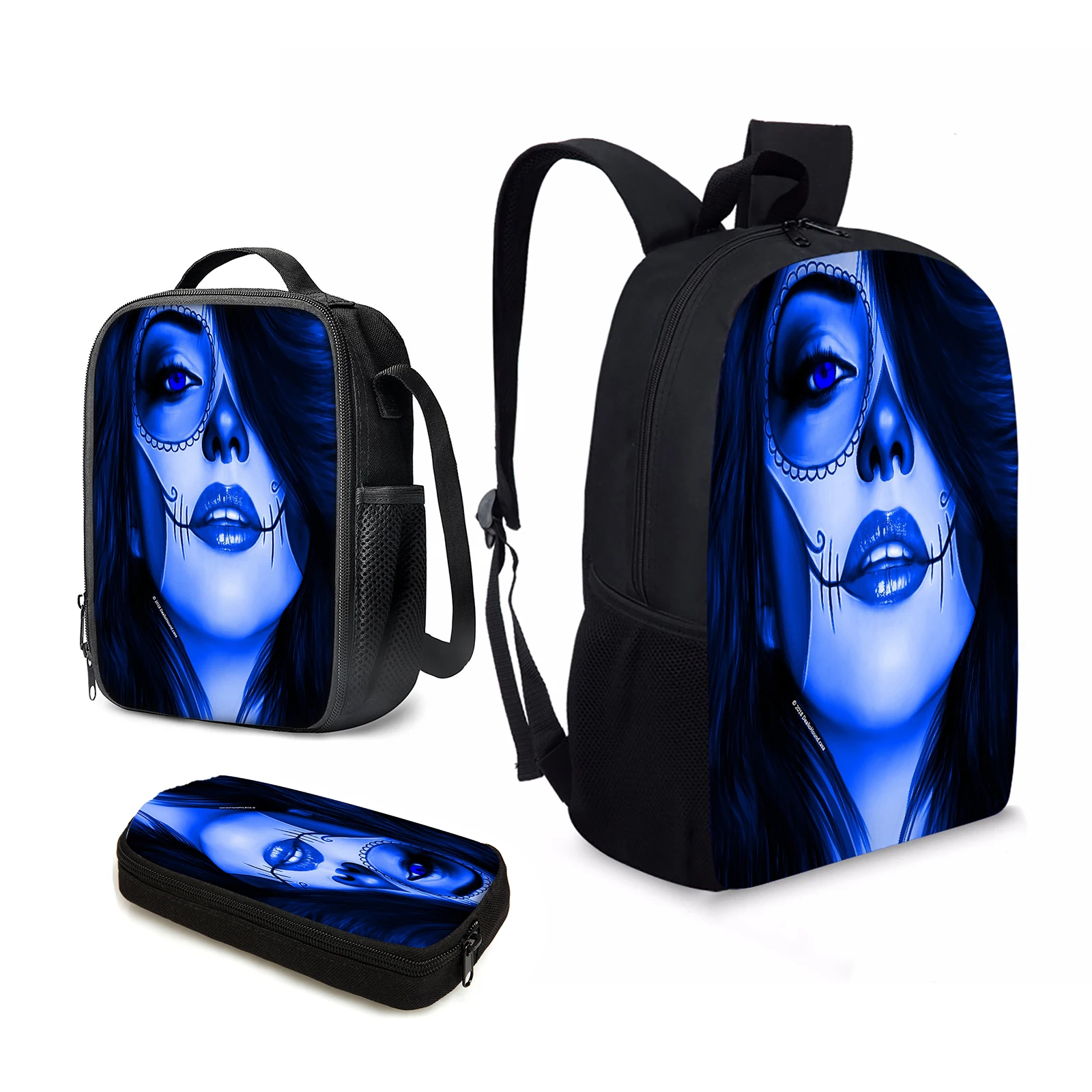 

YIKELUO Blue 3D Day Of The Dead Sugar Skull Girl Comfortable Adjustable Shoulder Strap Durable Backpack Student Lunch Bag