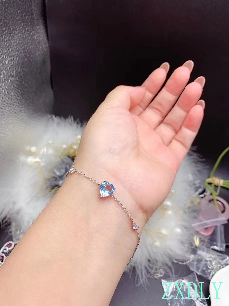 

Heart Style Natural Blue Topaz Bracelet for Women Jewelry Daily Wear 9mm Size Gemstone Real 925 Silver Birthday Date Love Gift