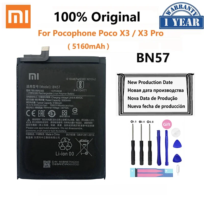 

100% Original Xiao mi BN57 5160mAh Phone Battery For Xiaomi Pocophone X3 Poco X3 Pro Replacement Batteries Bateria