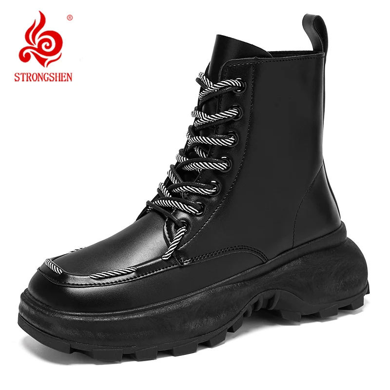 STRONGSHEN Men Leather Boots Fashion Outdoor Motorcycle Ankle Boots  Outdoor Fashion Non-slip Lace Up High Top Shoe Botas Hombre