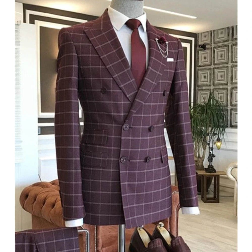 Stylish Double Breasted Plaid Men Suits Wine Peaked Lapel Plaid Men Suits For Business 2 Pieces Set Jacket Pant Wedding Tuxedos 2