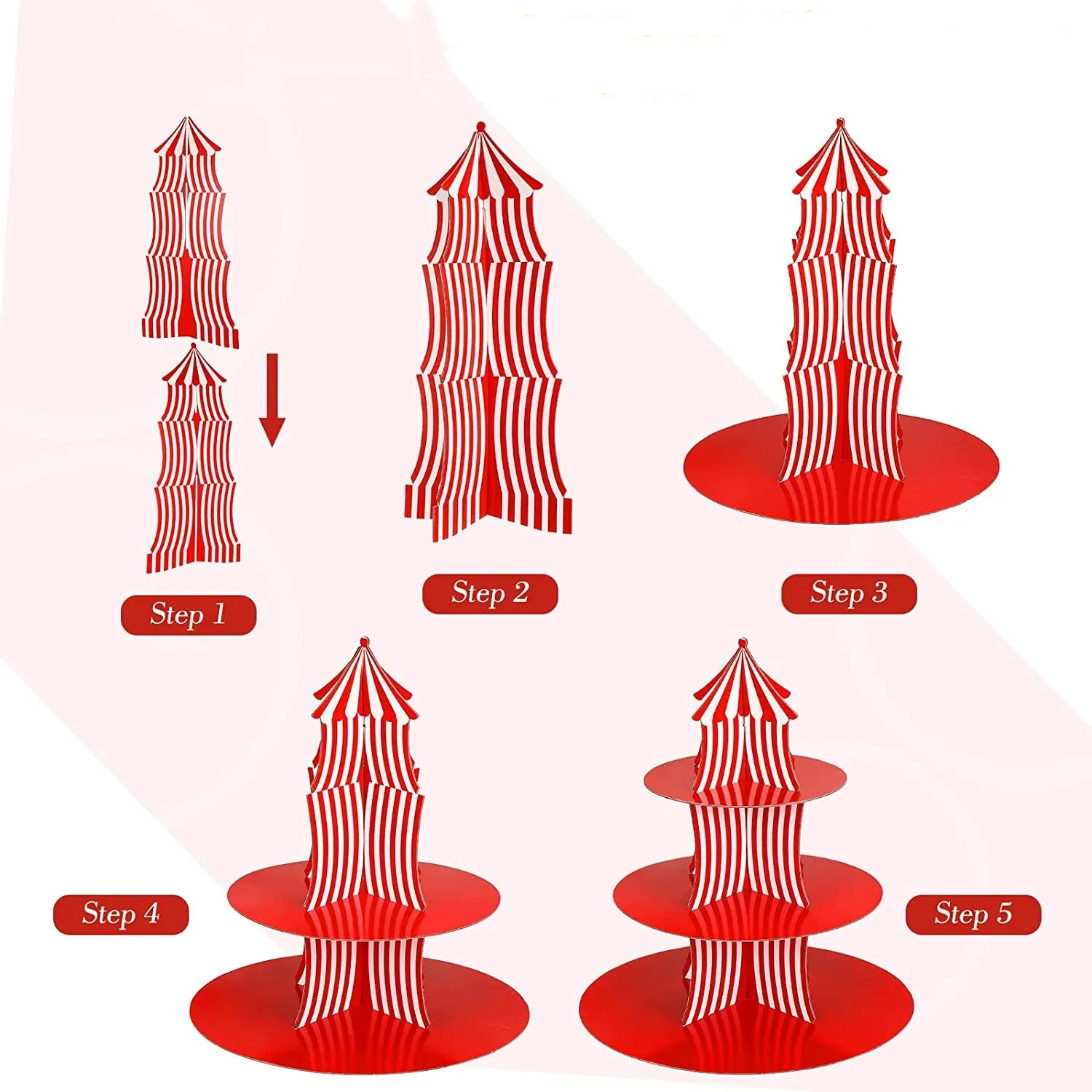 1Set 3 Tier Circus Carnival Paper Cupcake Stand Red Striped Cake Decorating Supplies Children\'s Day Dessert Cupcake Stand