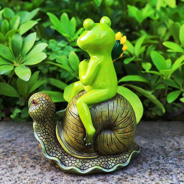 Statue d'escargot d'équitation de grenouille de bande dessinée, artisanat extérieur de résine d'animal, décorations d'art, jardin paysager illimité, 1pc 2