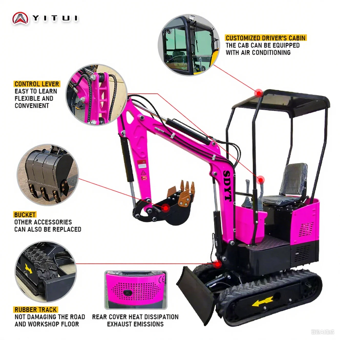 YITUI 1.5 Ton Mini Excavator, Customized Variety, EPA Euro 5 Certified, Multiple Attachments for Farms - Image 4