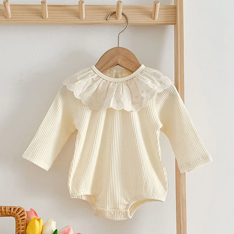 

2024 New Spring 0-24M Children Clothes Newborn Baby Girls Bodysuits Long Sleeved Cotton Lace Splicing Infant Baby Girls Jumpsuit