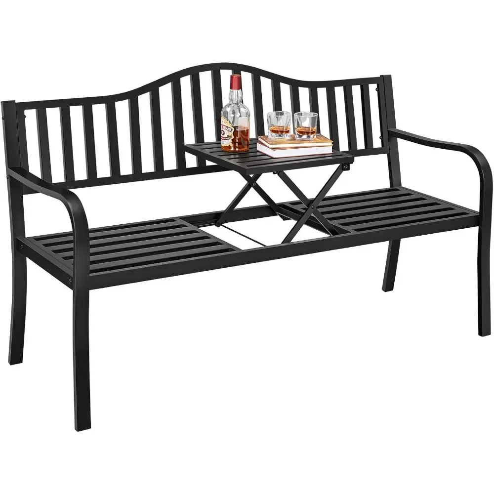 

Outdoor Garden Bench w/Pullout Middle Table, Front Porch Bench , Weather-Resistant Frame, Patio Seating for 2-3 Person