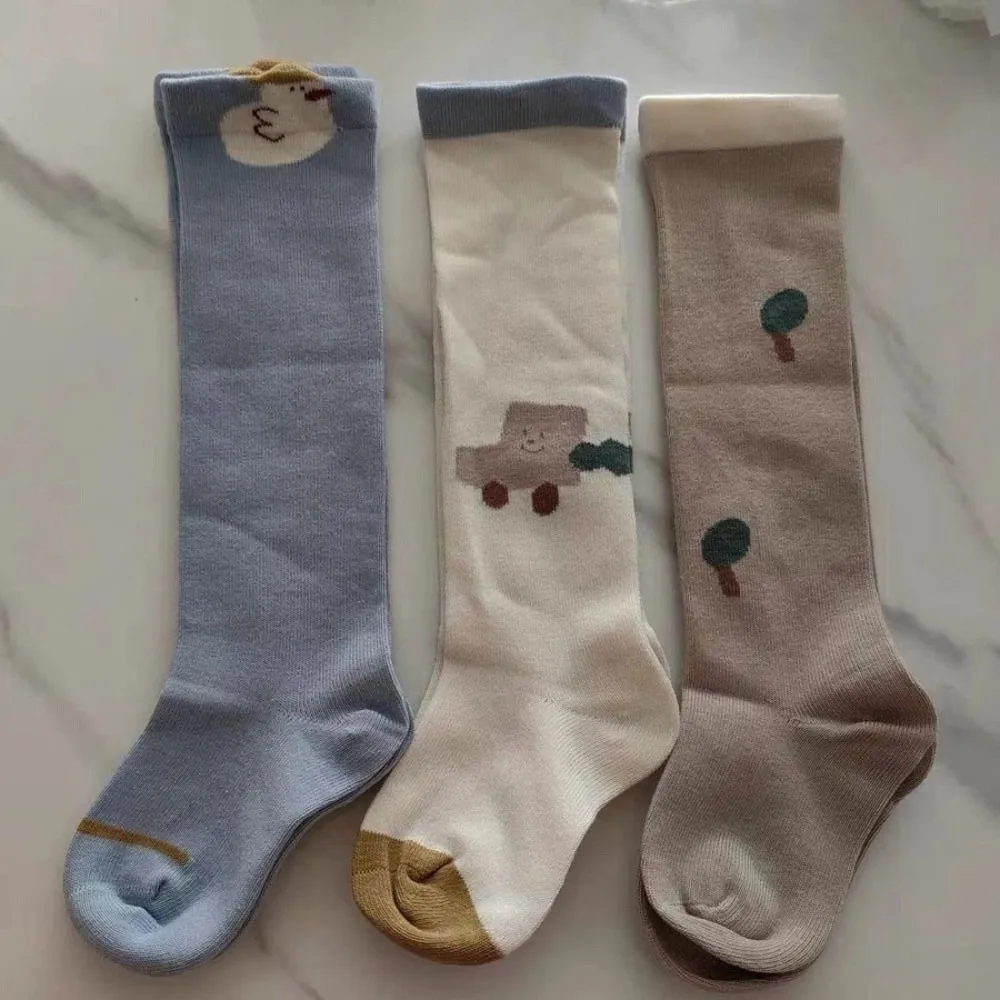 3Pairs Elastic Strawberry Calf Socks Baby Flower Animals Print Cartoon Above Knee Socks Cute Cotton Baby Mid Tube Socks Kids
