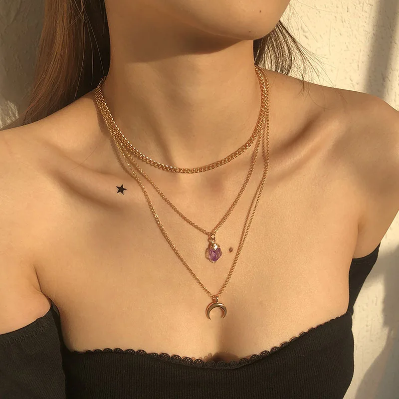 

Bohemian Multi Layer Crescent Moon Pendant Necklace For Women Violet Crystal Charms Clavicle Chain Layered Collars Party Jewelry