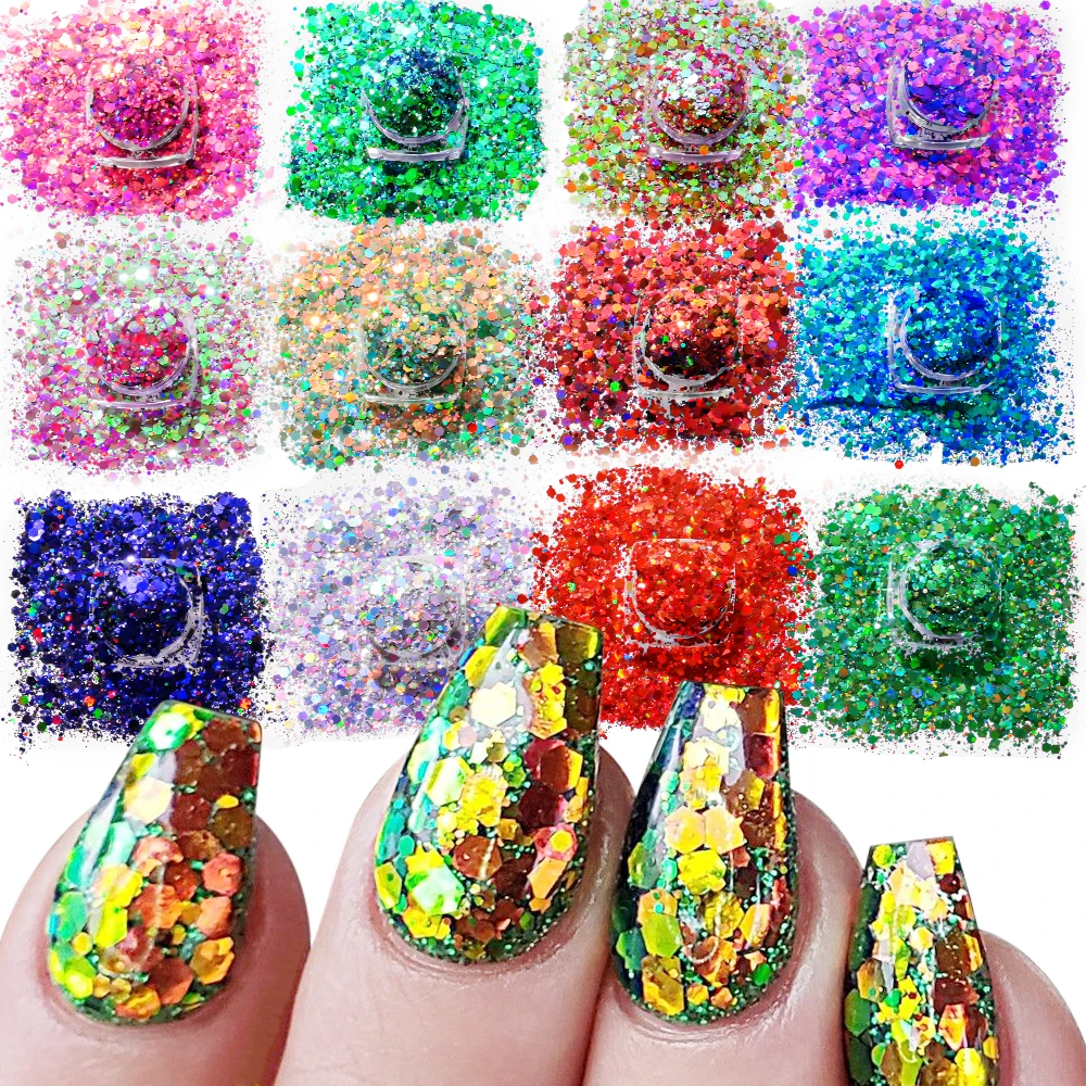 

12Colors Chameleon Chunky Nail Glitter Mixed Hexagon Shape Colorful Sequins Nail Flakes Iridescent Manicure Body Face Decoration