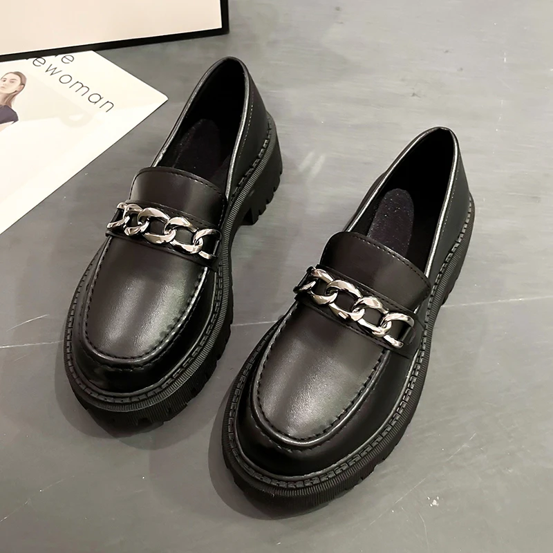 

2024 Female Shoes Women Fashion Mary Janes Round Toe Flats Loafers Oxfords Platform Casual Metal Chain Buckle Ladies Heels Black