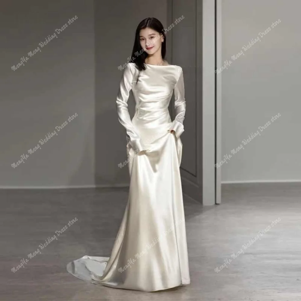 Vintage Silk Soft Satin Ivory Pleat Evening Dress O-Neck Full Sleeves Mermaid Prom Gown For Korean Women Formal Dress Customized
