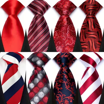 Luxury 8CM Mens Necktie Red Color Solid Stripes Paisley Ties For Man Groom Jacquard Woven Neck Tie For Business Wedding Party
