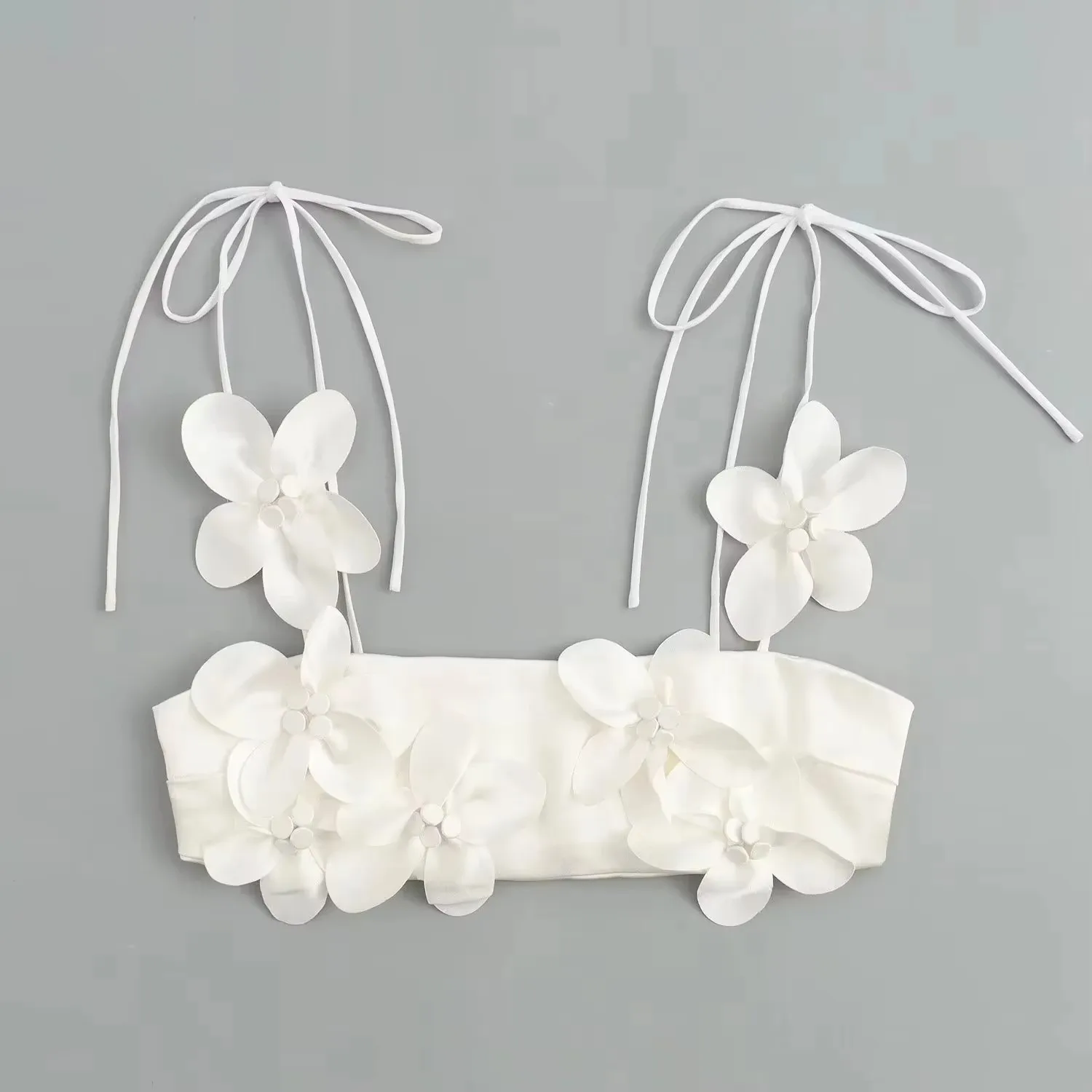 HH Women Elegant White 3d Flower Lace Up Top Slim Off Shoulder Backless Cropped Tops Camis 2024 Summer Casual Holiday Tube T