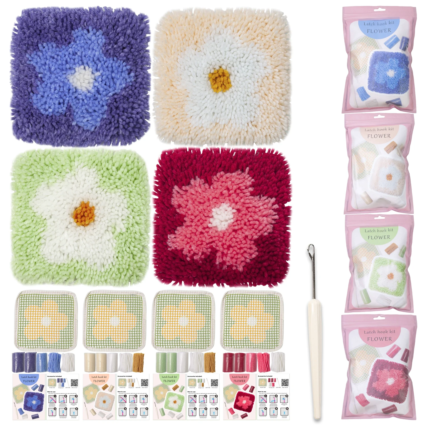 Latched Hook Kits for Adults Kids Making Kits with Flower Pattern Yarn Latched Hook for Home DIY Craft Crochet Latch craft supplies