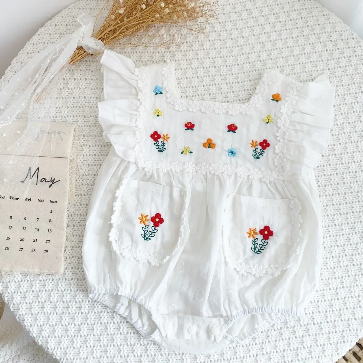 Korean Style Baby Girl Summer Outfit Embroidered Romper One Year Old Birthday Clothes Cotton Crawling Suit Newborn Hundred Days