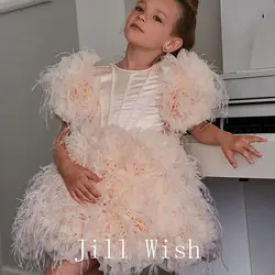 Jill Wish Elegant Mini  Rose Gold Flower Girl Dresses Satin Feathers Cute Baby Kids Birthday Wedding Party Gown Pageant  J106