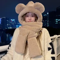 3PCSBear Hat Autumn and Winter Women Scarf Gloves one Winter Bib Cartoon Cute Warm Plush Winter Three-Piece Set 1