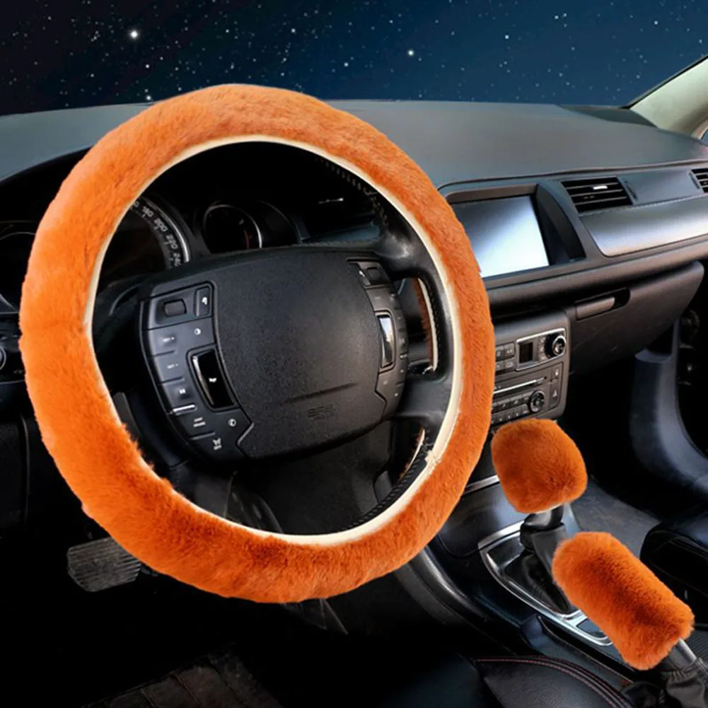 3pcs/Set Warm Faux Wool Steering Wheel Cover 38cm Fur Fluffy Thick Auto Car Steering Wheel Plush Cover Soft Wool Decoration Car