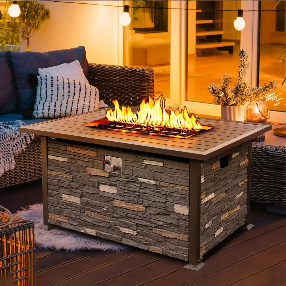 48 INCH Propane Fire Pit Outdoor Fire Table w/Faux Ledgestone Base, 50,000 BTU Gas Pit Table w/Aluminum Top,