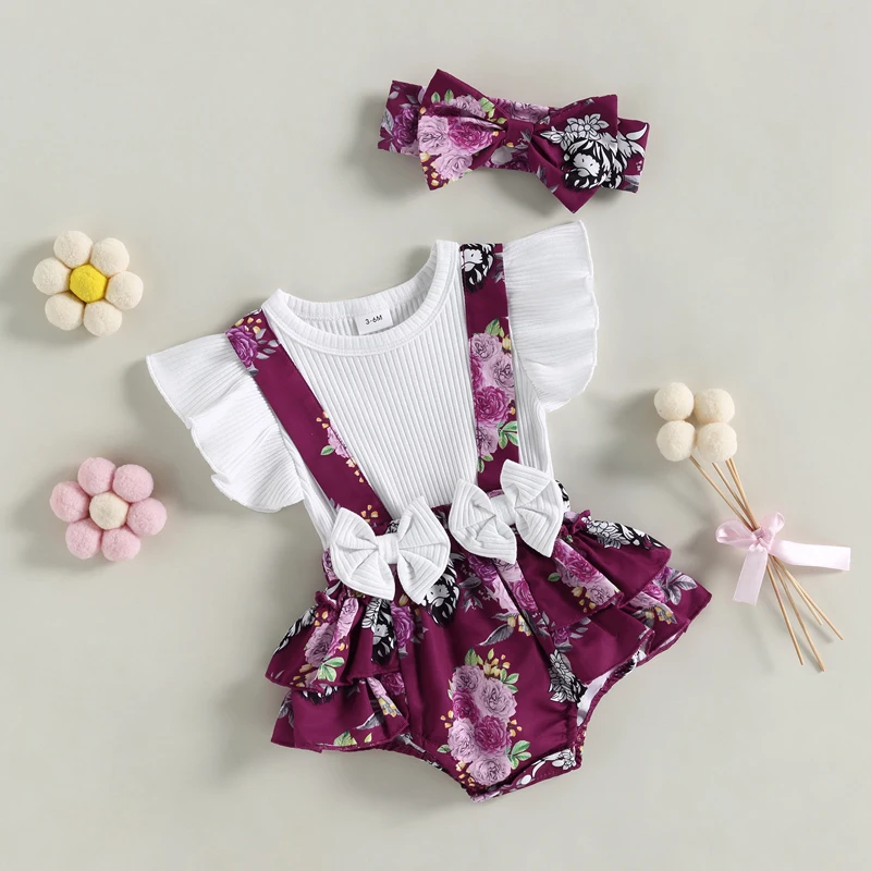 

Baby Girl Summer Clothes Casual Ruffles Ribbed Flying Sleeve Romper Dress Infant Jumpsuit Headband 2 Piece Outfits Set