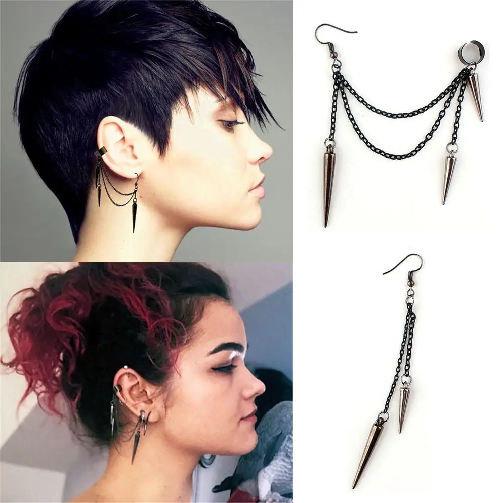 1 pair Fashion Dangle Long Tassel Drop Gothic Rock Rivet Punk Earrings Ear Stud Ear Clip