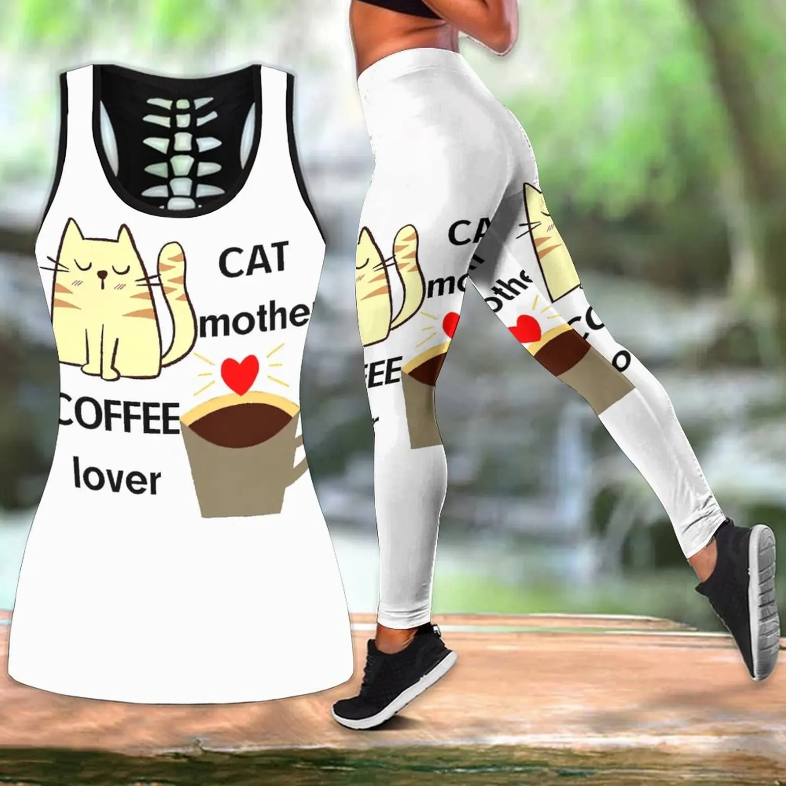 

Summer Fashion Suit Cat Mother Coffee LoverPrint Yoga SuitXS-8XL