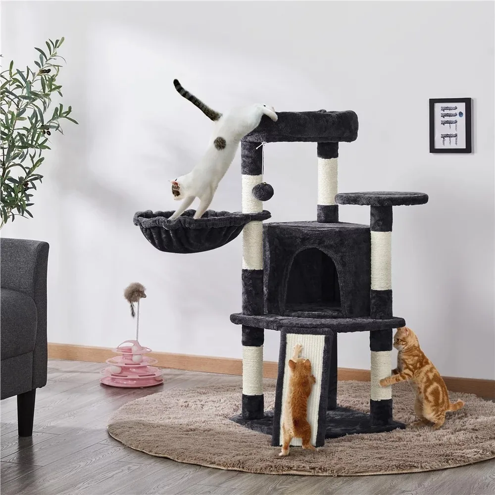

Cat Scratching Post Tree Professional Cat Tree Plush Tower with Basket for Small Kittens, Indoor, Black